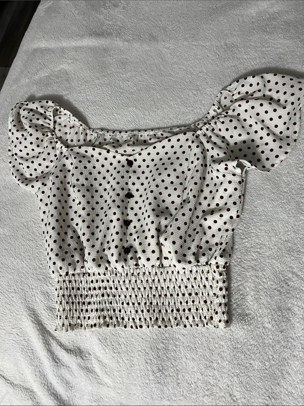 Polka Dot Puff Sleeve Smocked Crop Top - White with Brown Dots